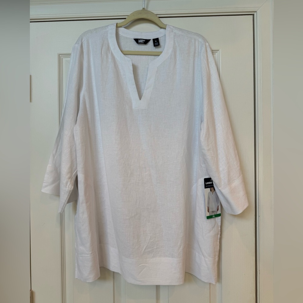 LAND’S END NWT Split Neck 3/4 Sleeve Linen Blend Tunic White XL Pockets